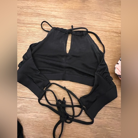 Three-Piece Women's M Athleta 2 Bikini Tops & Bottom Pink Palm Black Keyhole - Picture 4 of 5